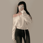 [Stylish Casual] Off-Shoulder Sweatshirt Scarf Set 