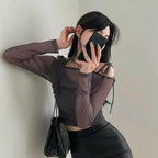 Halter Ribbon Off-Shoulder See-Through Vest Set 