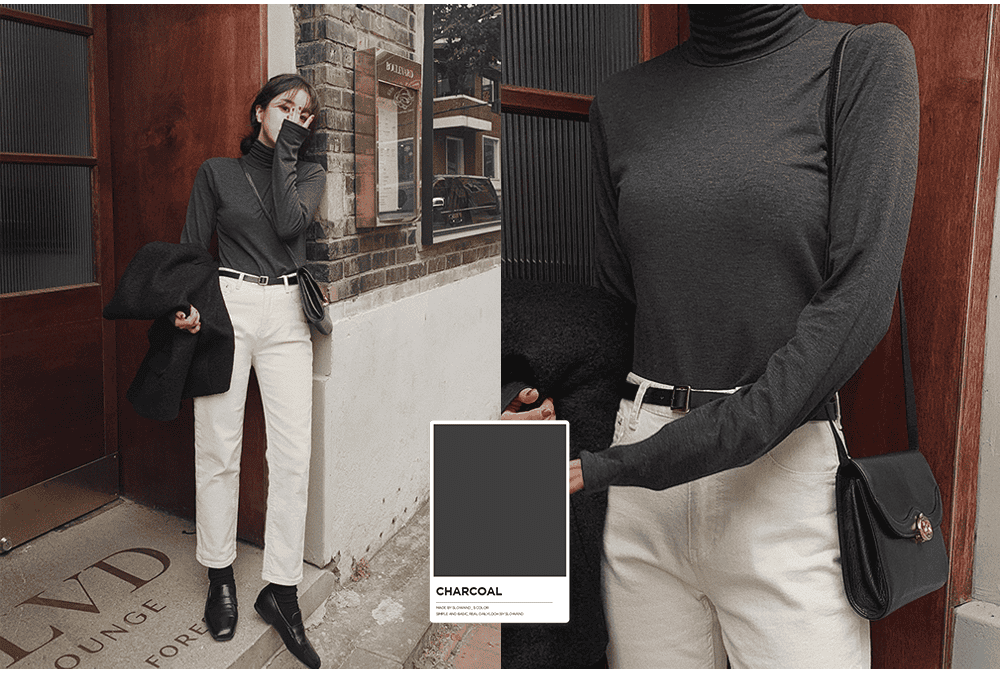 Korean-style MADE! Soft, fitted, brushed fleece turtleneck tee