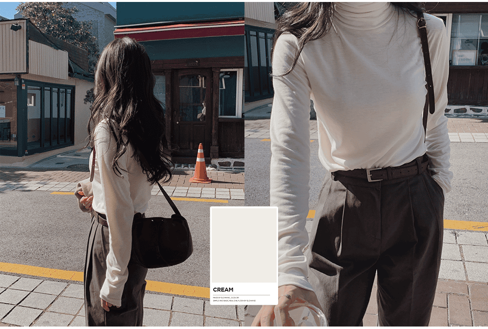 Korean-style MADE! Soft, fitted, brushed fleece turtleneck tee