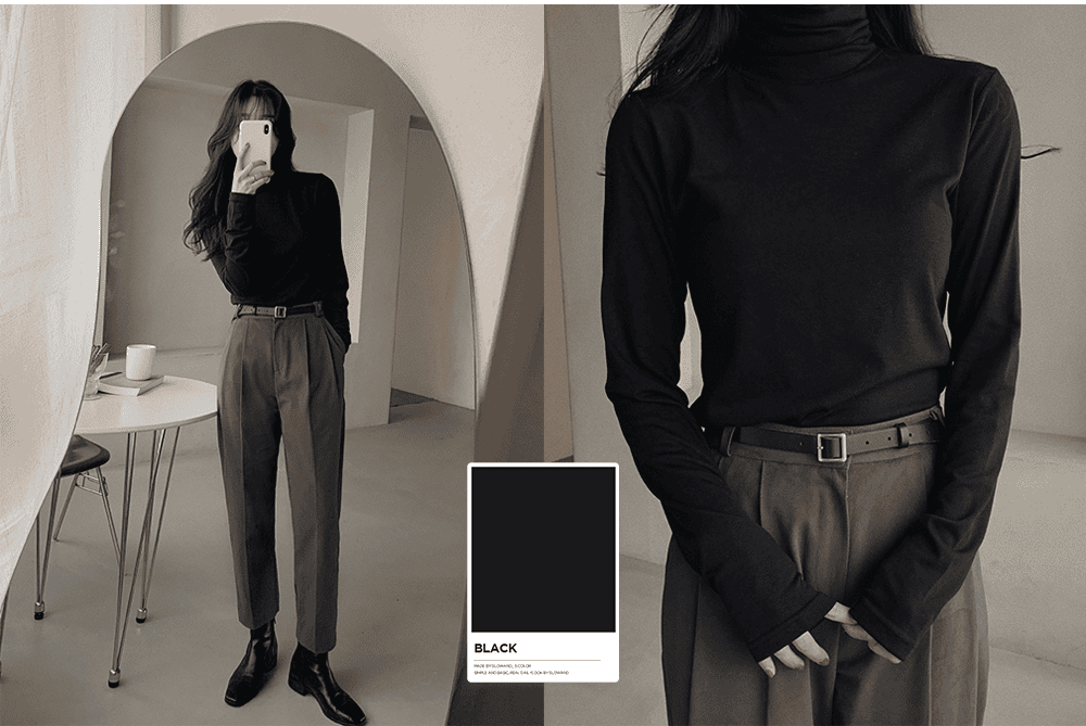 Korean-style MADE! Soft, fitted, brushed fleece turtleneck tee