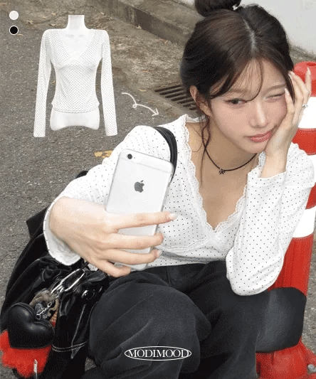 【🤍Korean Style Polka Dot Tee】Dot Lace Tee 
