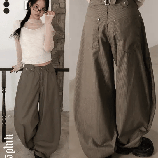 【彎刀神褲】Striped Back Buckle Pants