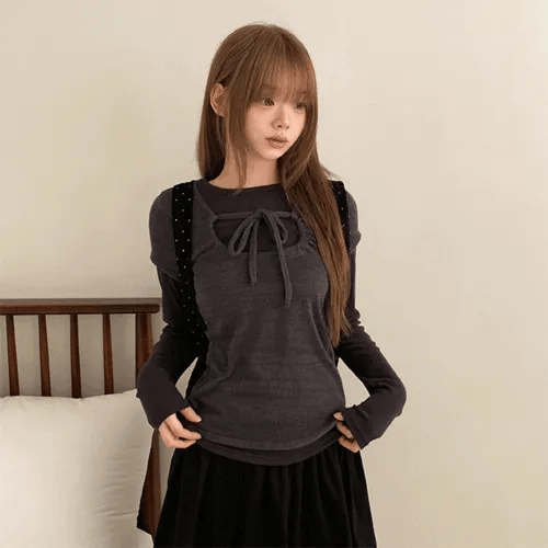 【🩶y2k vibe】Layered Ribbon Top Set