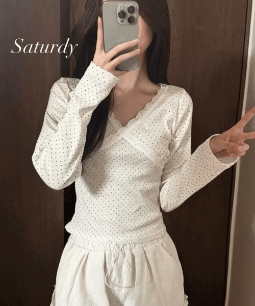 【🤍Korean Style Polka Dot Tee】Dot Lace Tee 