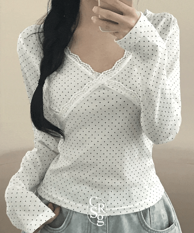 【🤍Korean Style Polka Dot Tee】Dot Lace Tee 
