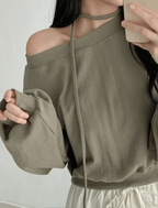 [Stylish Casual] Off-Shoulder Sweatshirt Scarf Set 