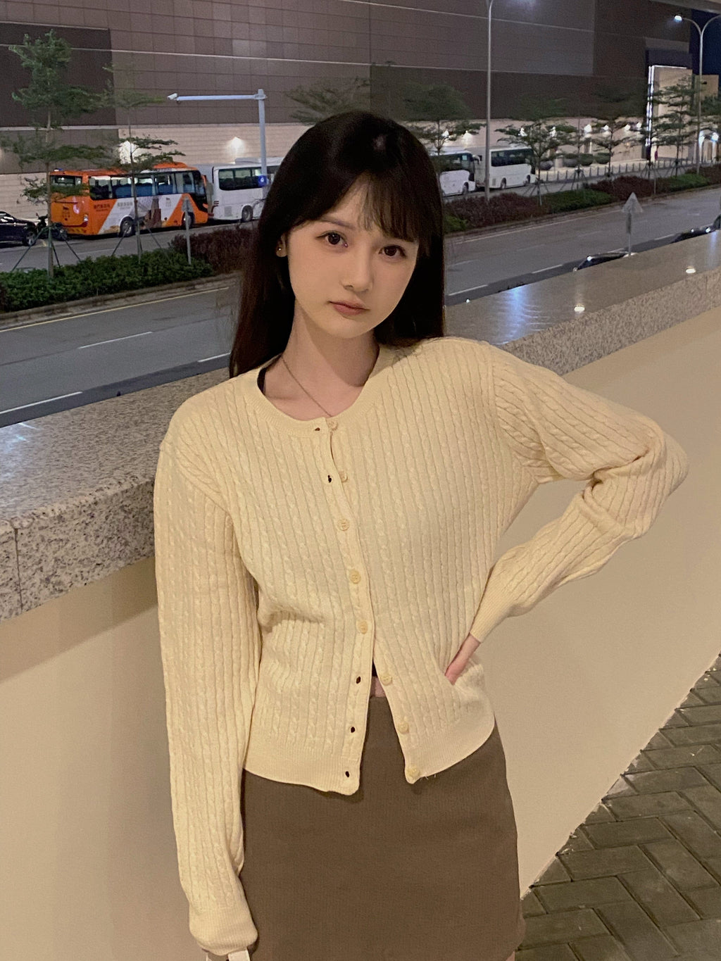 The colors are perfect! Fruit-patterned round neck cable knit cardigan 