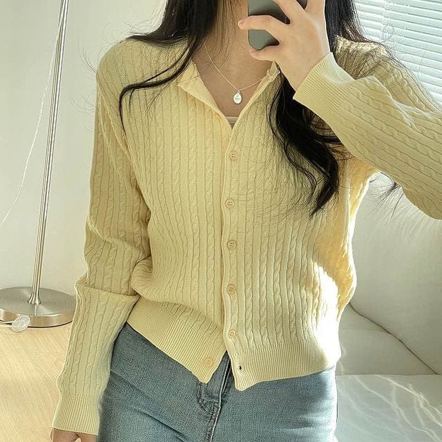 The colors are perfect! Fruit-patterned round neck cable knit cardigan 